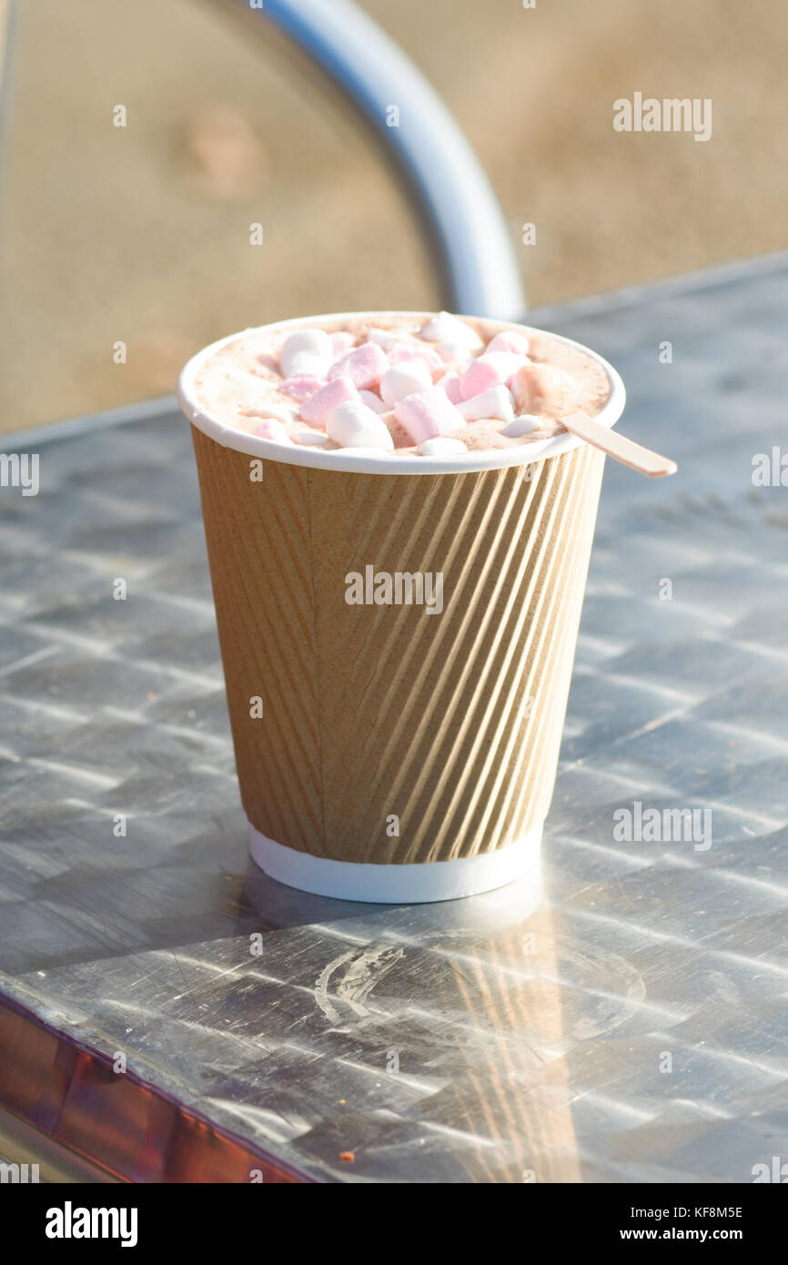Takeaway heiße Schokolade mit Marshmallows und eine hölzerne Getränke Rührer Stockfoto