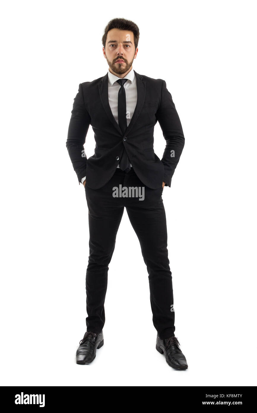 Portrait von Geschäftsmann. Ganzkörper Foto. person Bart trägt schwarzen Anzug. Elegant. weißen Hintergrund. Stockfoto