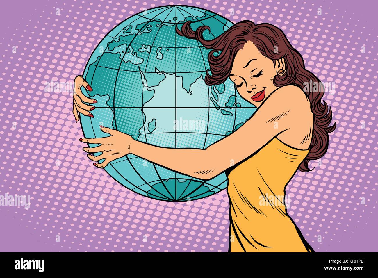 Frau umarmt die Erde Kontinent Afrika und Eurasien Stock Vektor