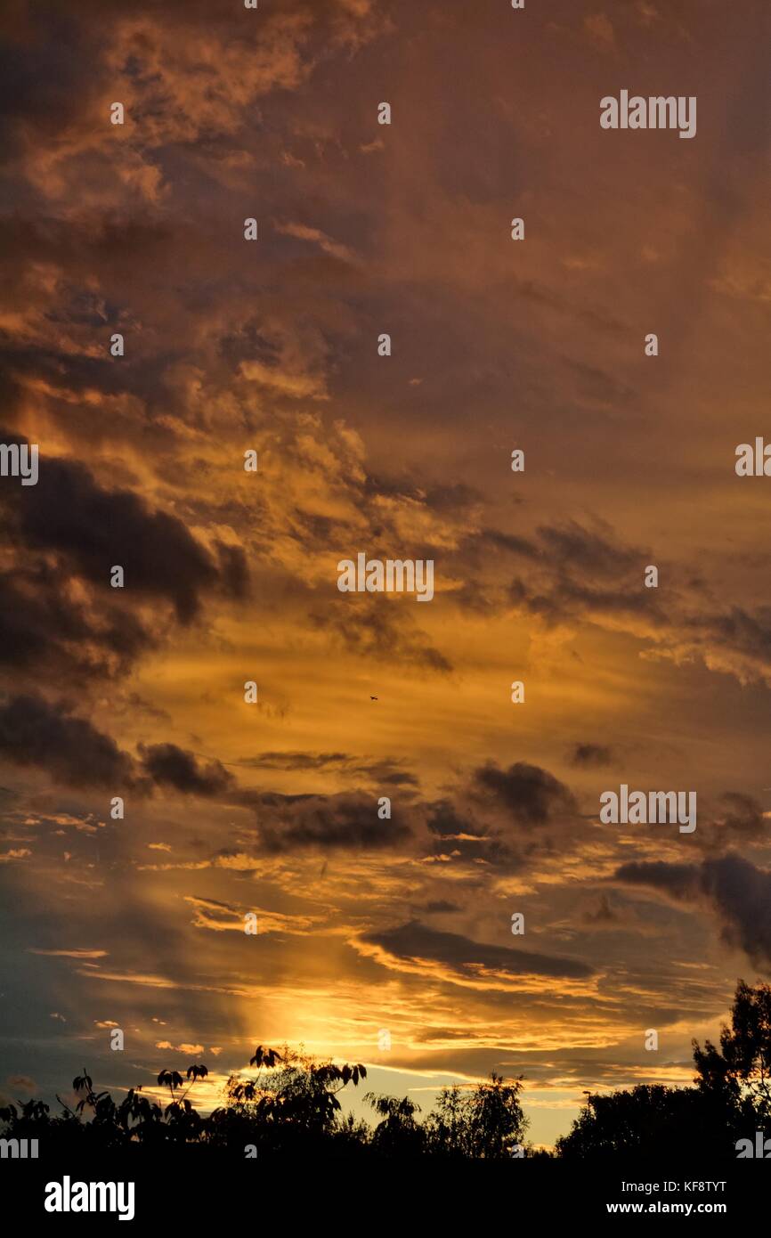 Dramatische Roter Himmel und Sonne durch Staub in der Atmosphäre aus der Sahara über dem Vereinigten Königreich, Oktober 2017 verursacht Stockfoto