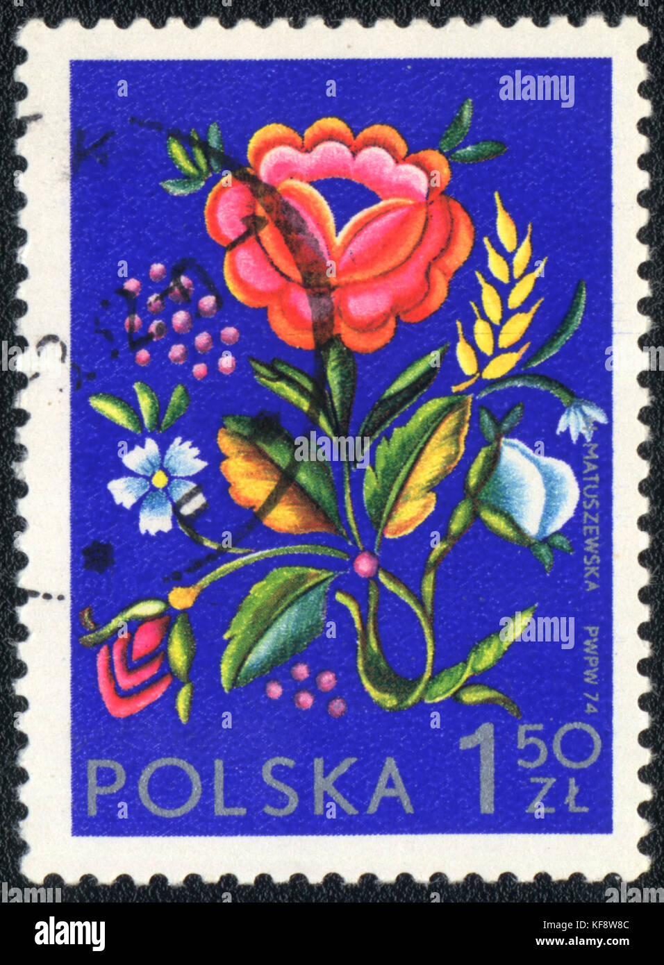 Eine Briefmarke in Polen gedruckt zeigt eine polnische Blumendekor, ca. 1974 Stockfoto
