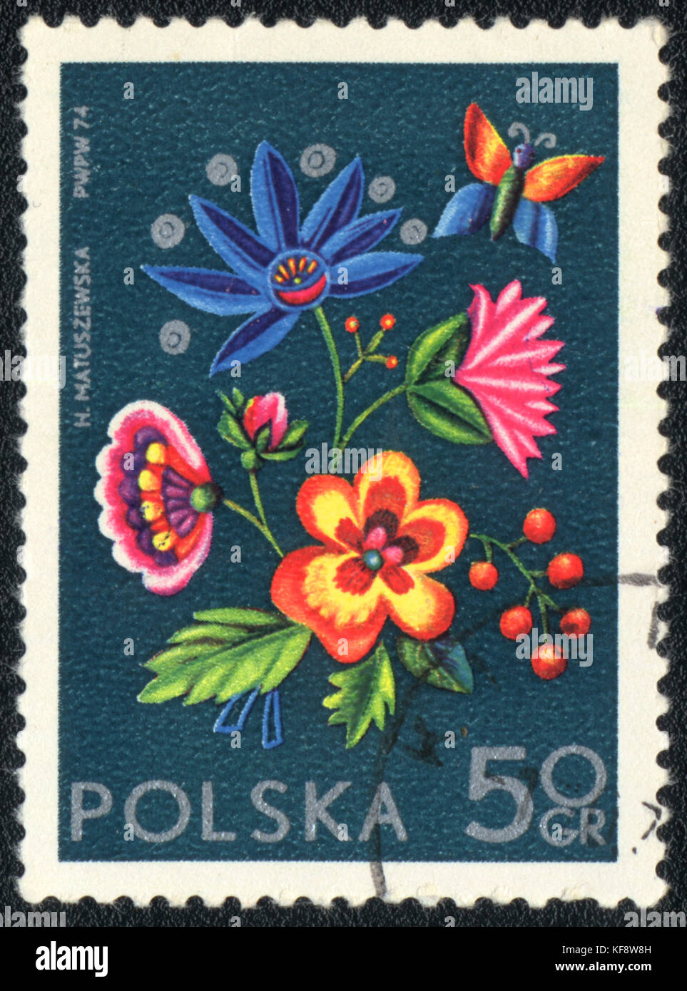 Eine Briefmarke in Polen gedruckt zeigt eine polnische Blumendekor, ca. 1974 Stockfoto