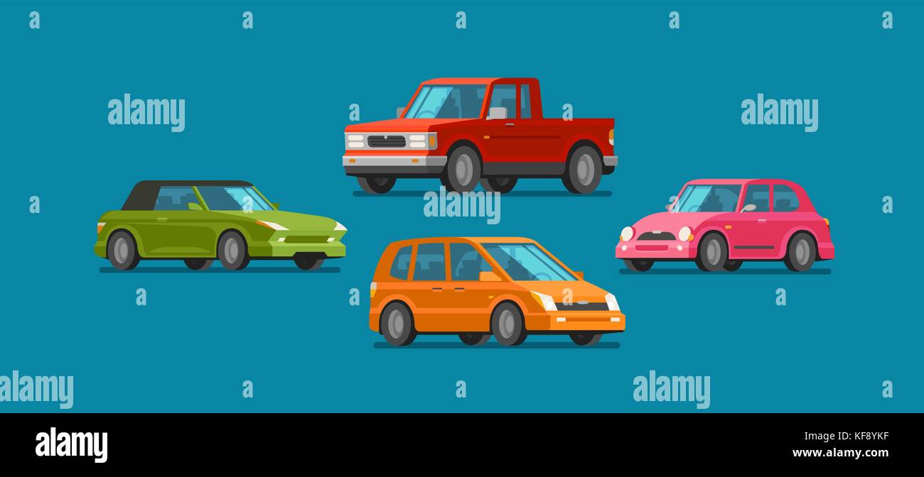 Autos, Symbole. Fahrzeug, Automobil, Garage, Transport, PKW-Servicekonzept. Illustration des Zeichentrickvektors Stock Vektor
