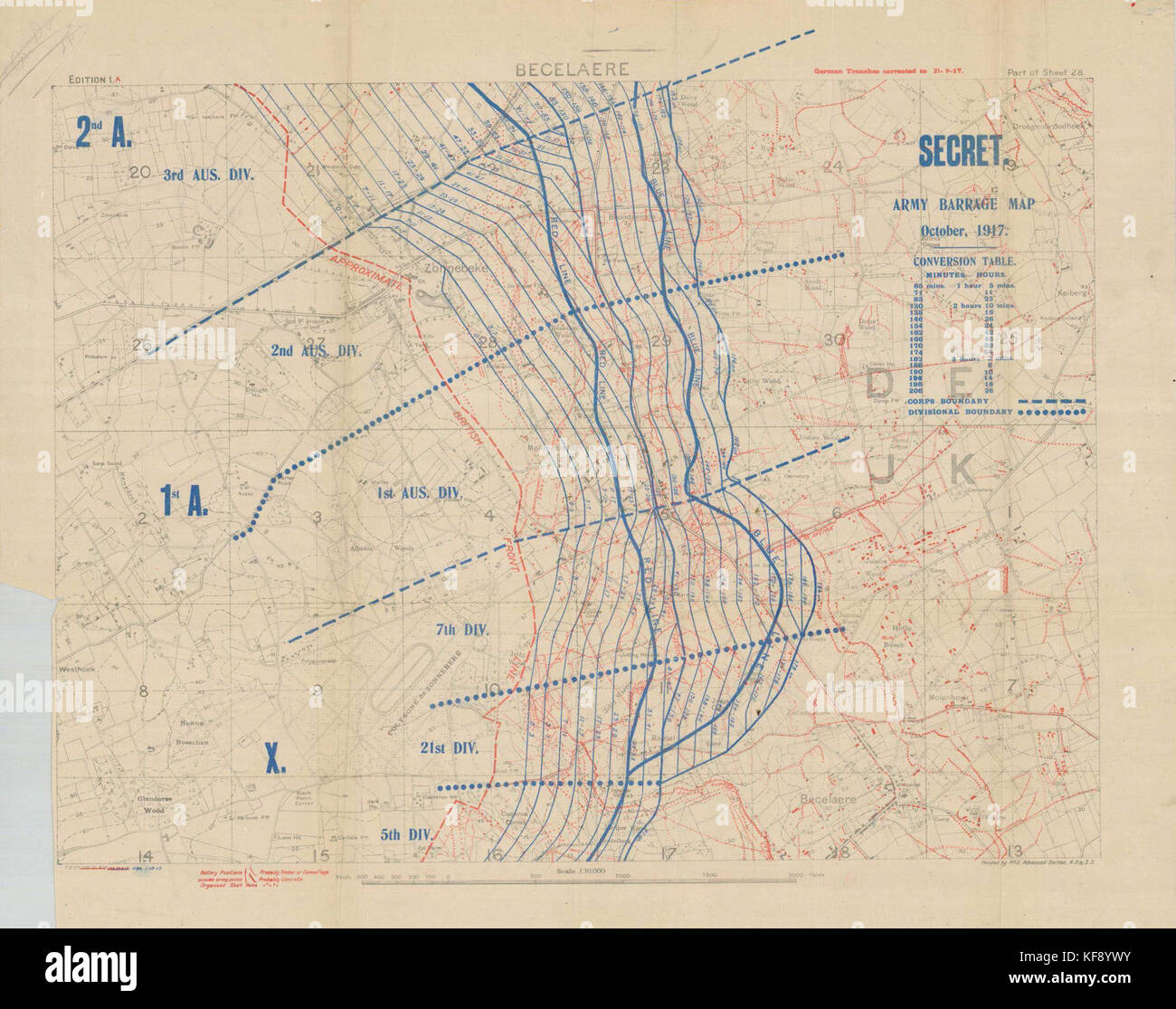 Schlacht von Broodseinde barrage Karte (Mittelteil) Stockfoto