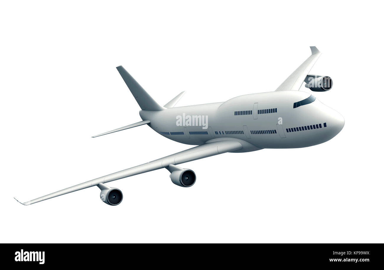 Fliegende Flugzeug auf weißem Hintergrund. mit Freistellungspfad, 3 Abbildung d Stockfoto