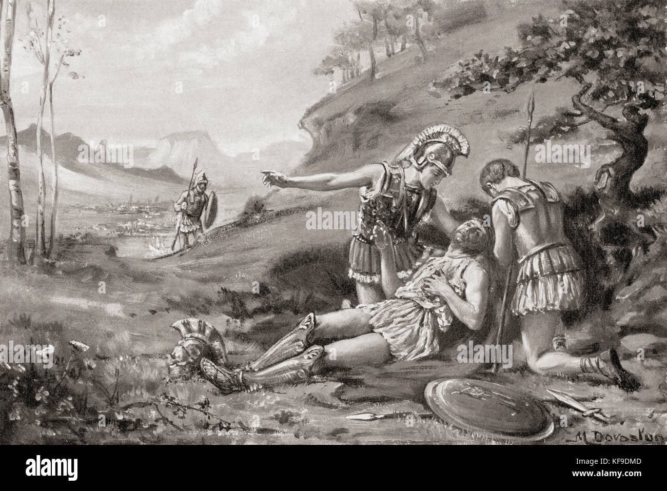Der Tod von Epameinondas bei der zweiten Schlacht von Mantinea, 362 v. Chr. Epaminondas, d. 362 V. CHR. Theban General und Staatsmann des 4. Jahrhunderts v. Chr. Nach dem Gemälde von Margaret Dovaston, (1884-1954). Aus Hutchinson's History of the Nations, veröffentlicht 1915. Stockfoto