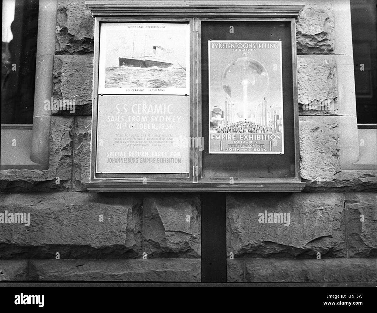 Ausstellung von Dalgety & Co. Mit einem Poster mit Keramikdampfschiffen zur Förderung der Johannesburg Empire Exhibition, einer Veranstaltung, die 1936 in Südafrika stattfand. Stockfoto