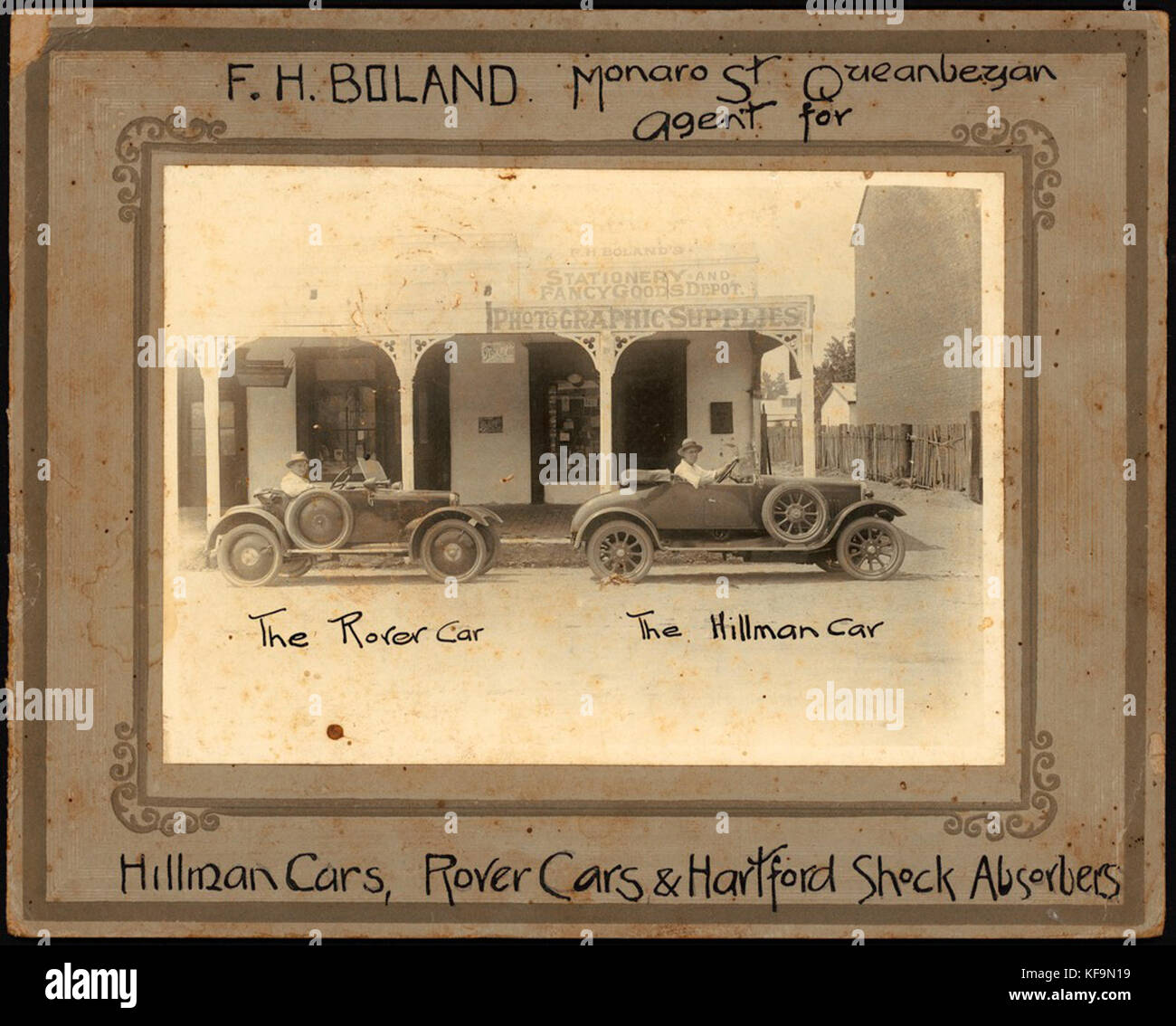 Monaro St., Queanbeyan, Agent für Hillman Autos, Rover Autos & Hartford Stoßdämpfer Ca. 1920 s Stockfoto