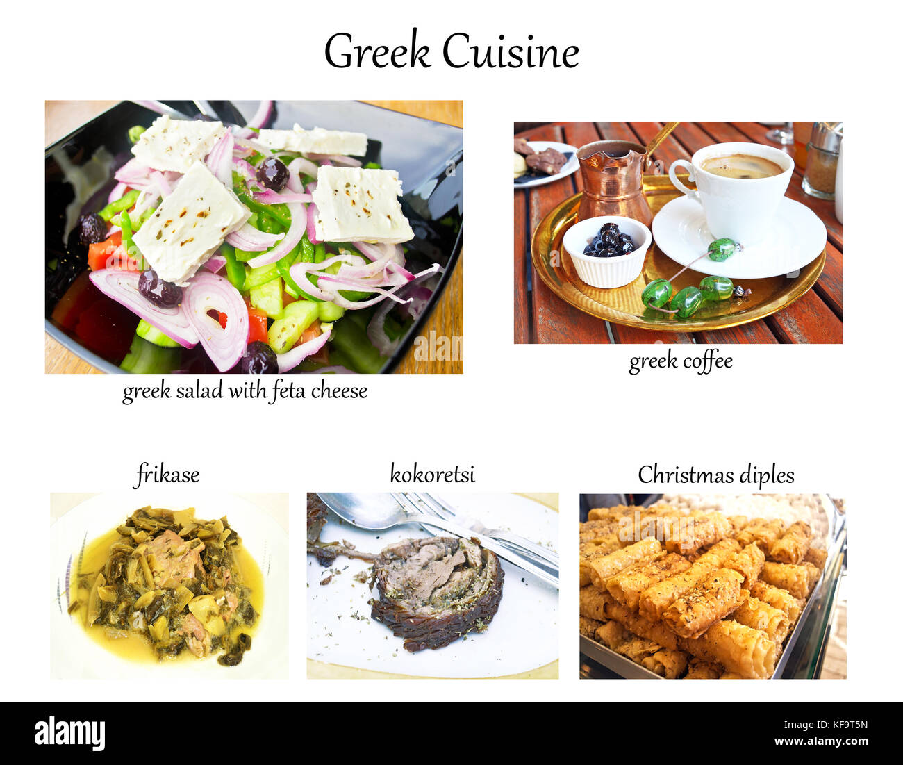 Collage mit griechischer Küche - Kaffee, Salat, frikase, kokoretsi, Weihnachten diples Stockfoto