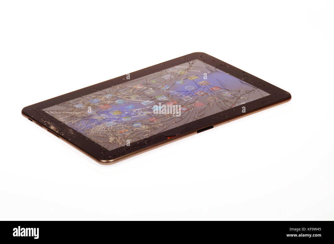 Tablet von Samsung mit gebrochenen gesprungenen Glasscheibe durch Herunterfallen Stockfoto