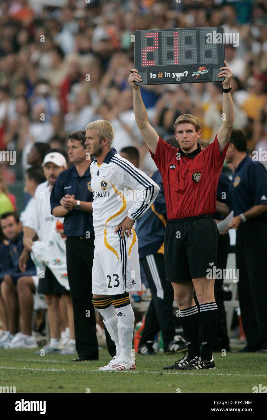 David Beckham von Los Angeles Galaxy erwartet seine Ankunft im Spiel gegen Chelsea am Samstag, den 21. Juli 2007, im Home Depot Center in Carson, CA. Foto: Francis Specker Stockfoto