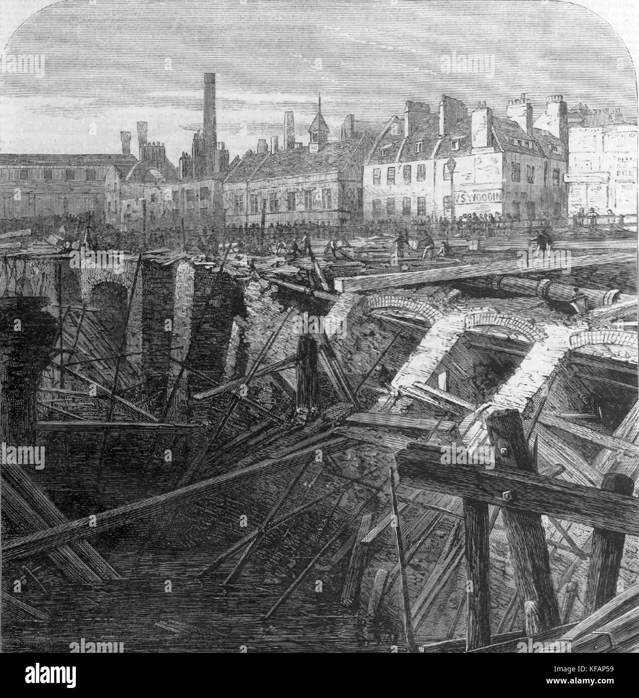 Schäden, die durch den Zusammenbruch der Flotte graben verursacht in der Metropolitan Railway in der Nähe von farringdon Station im Juni 1862. Metropolitan Railway, auch bekannt als die Met, war ein Passagier- und Güterverkehr Bahn, London von 1863 bis 1933 gedient Stockfoto