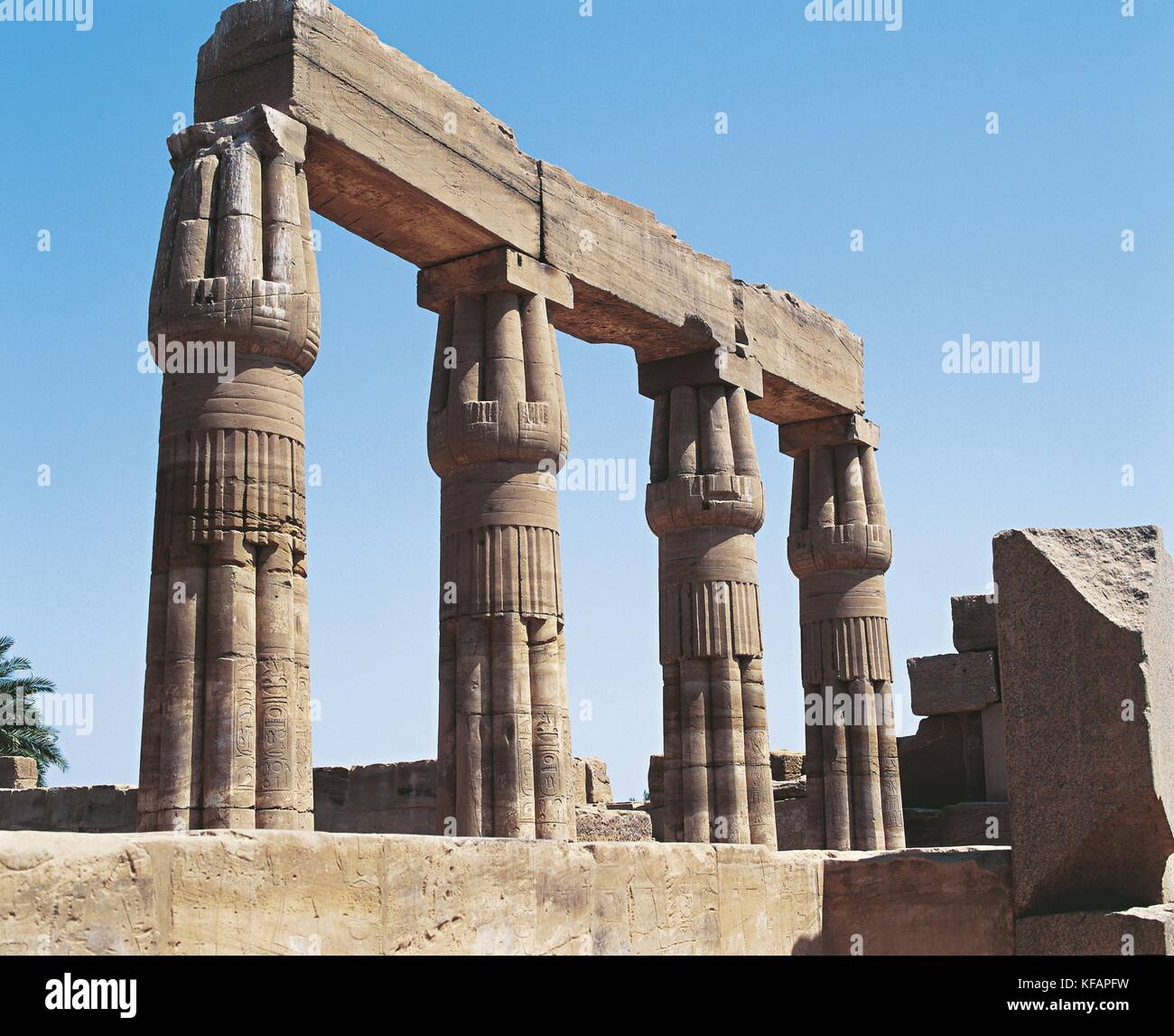 Ägypten, antike Theben (UNESCO World Heritage List, 1979). Luxor Karnak. Großen Tempel des Amon. botanischer Garten Halle. Spalten in Form von Papyrus. von Thutmosis III., 1490-1436 v. Chr. Stockfoto