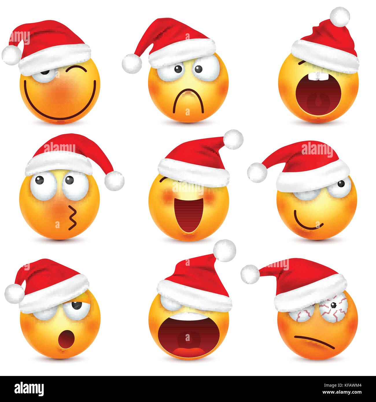 Smileys, Emoticons. gelbes Gesicht mit Emotionen und Weihnachten hat. Neues Jahr, Santa. Winter emoji. Traurig, glücklich, wütend Gesichter. lustige Cartoon Charakter. Stimmung. Vektor. Stock Vektor