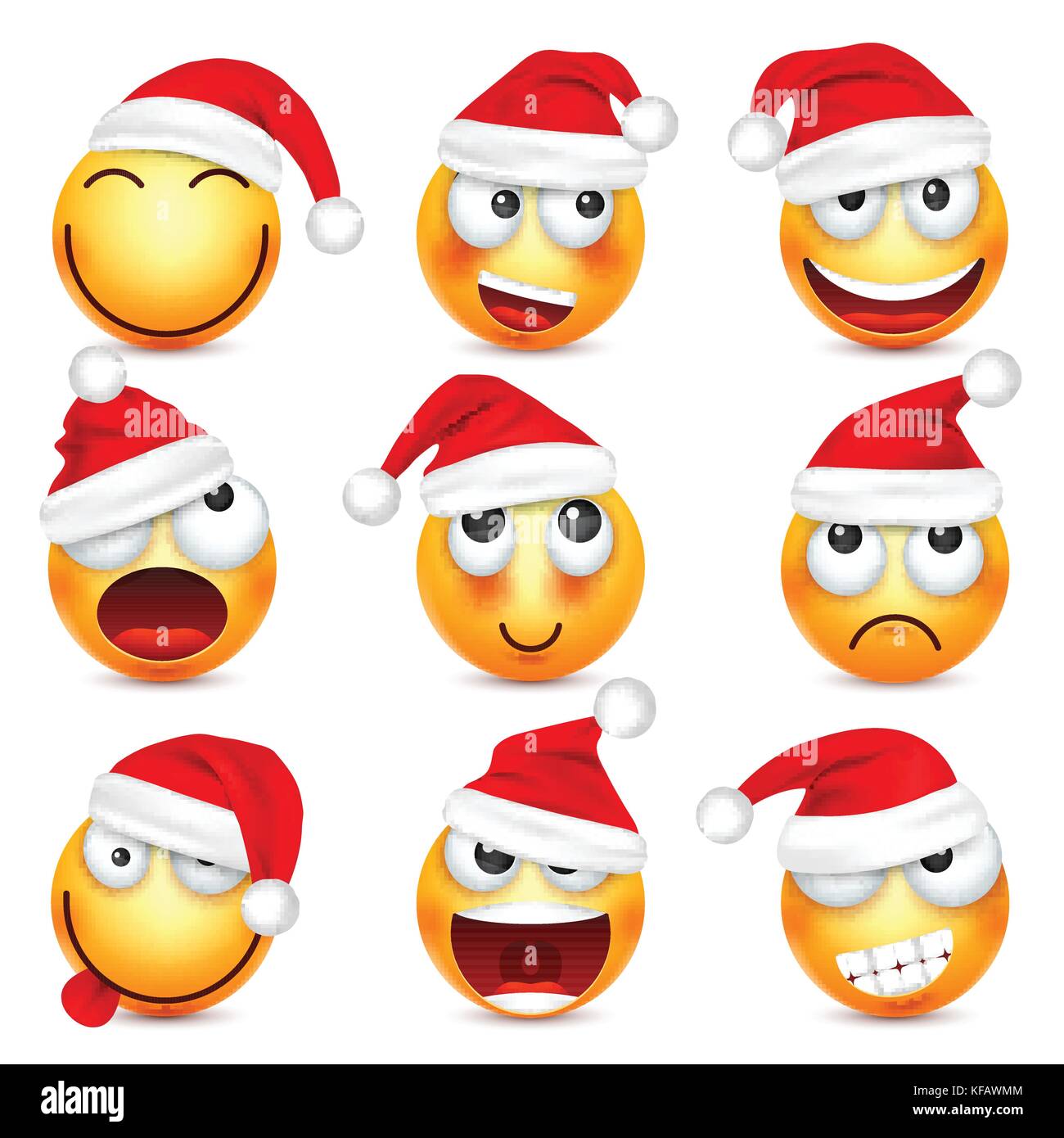 Smileys, Emoticons. gelbes Gesicht mit Emotionen und Weihnachten hat. Neues Jahr, Santa. Winter emoji. Traurig, glücklich, wütend Gesichter. lustige Cartoon Charakter. Stimmung. Vektor. Stock Vektor