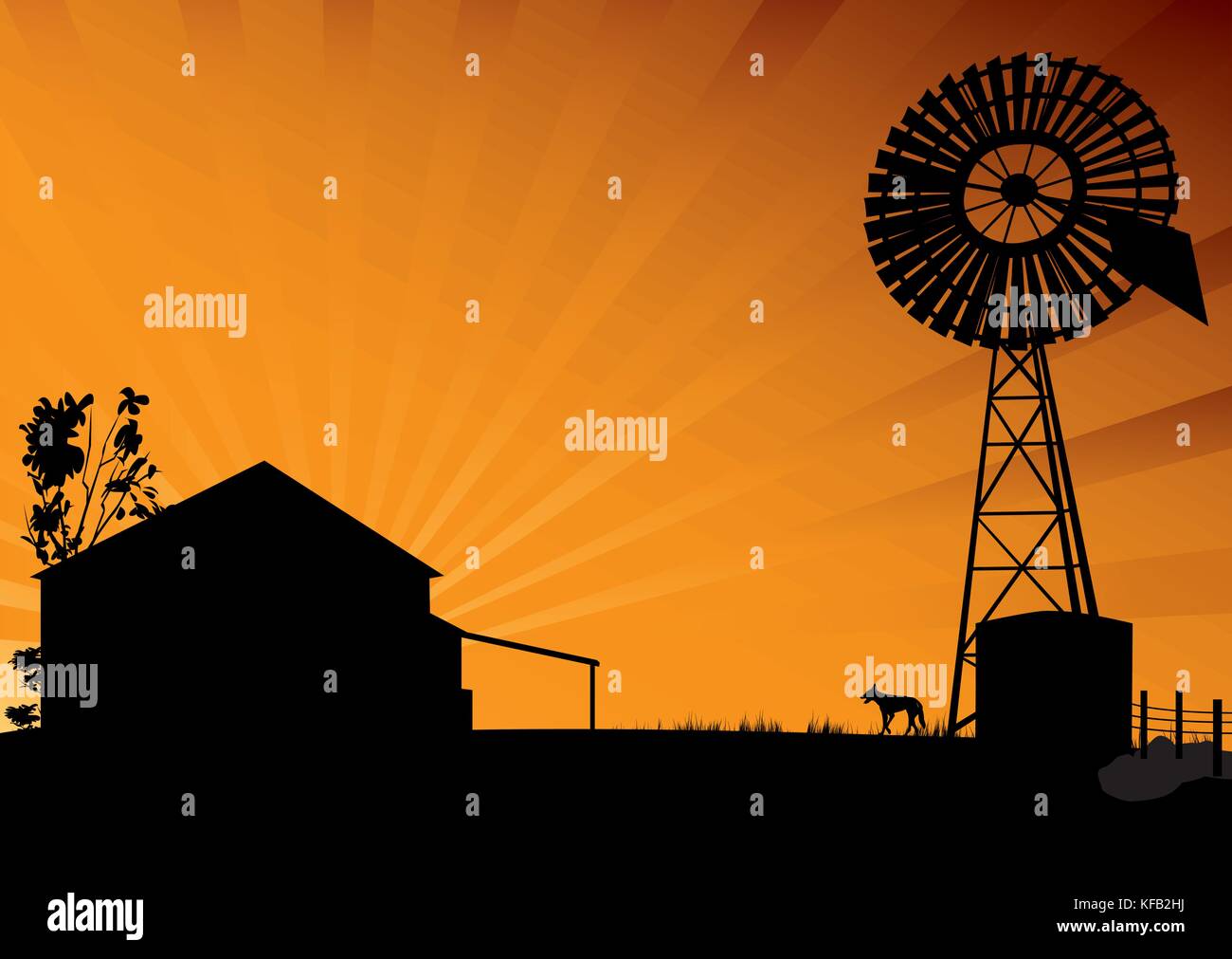 Outback Australien silhouette Szene von Bauernhaus und Windmühle Stock Vektor