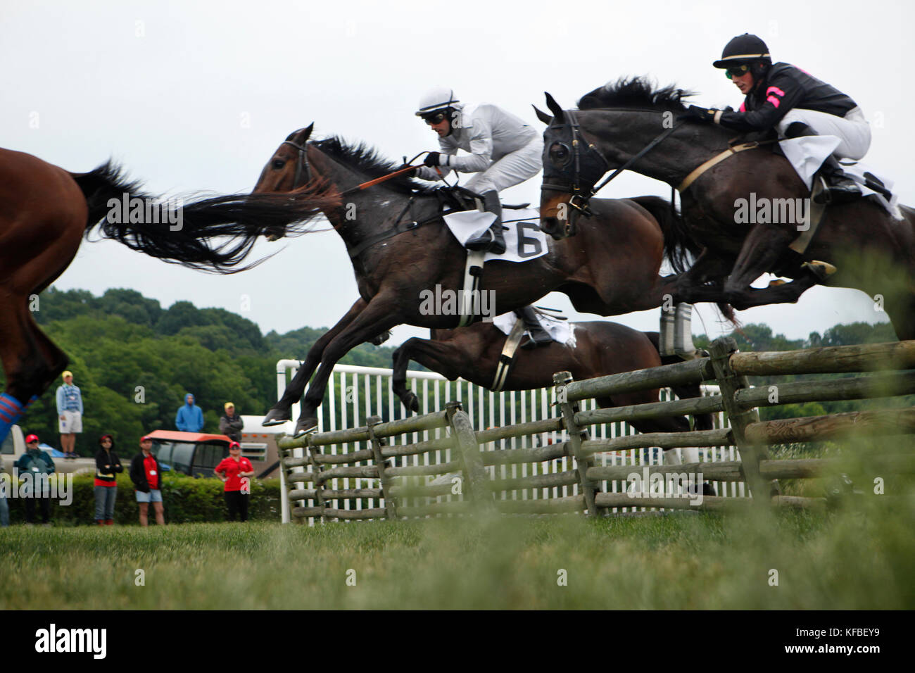 Usa, Tennessee, Nashville, Irokesen steeplechase, Jockeys und ihre Pferde Luft über einen Sprung in das Holz Rennen Stockfoto