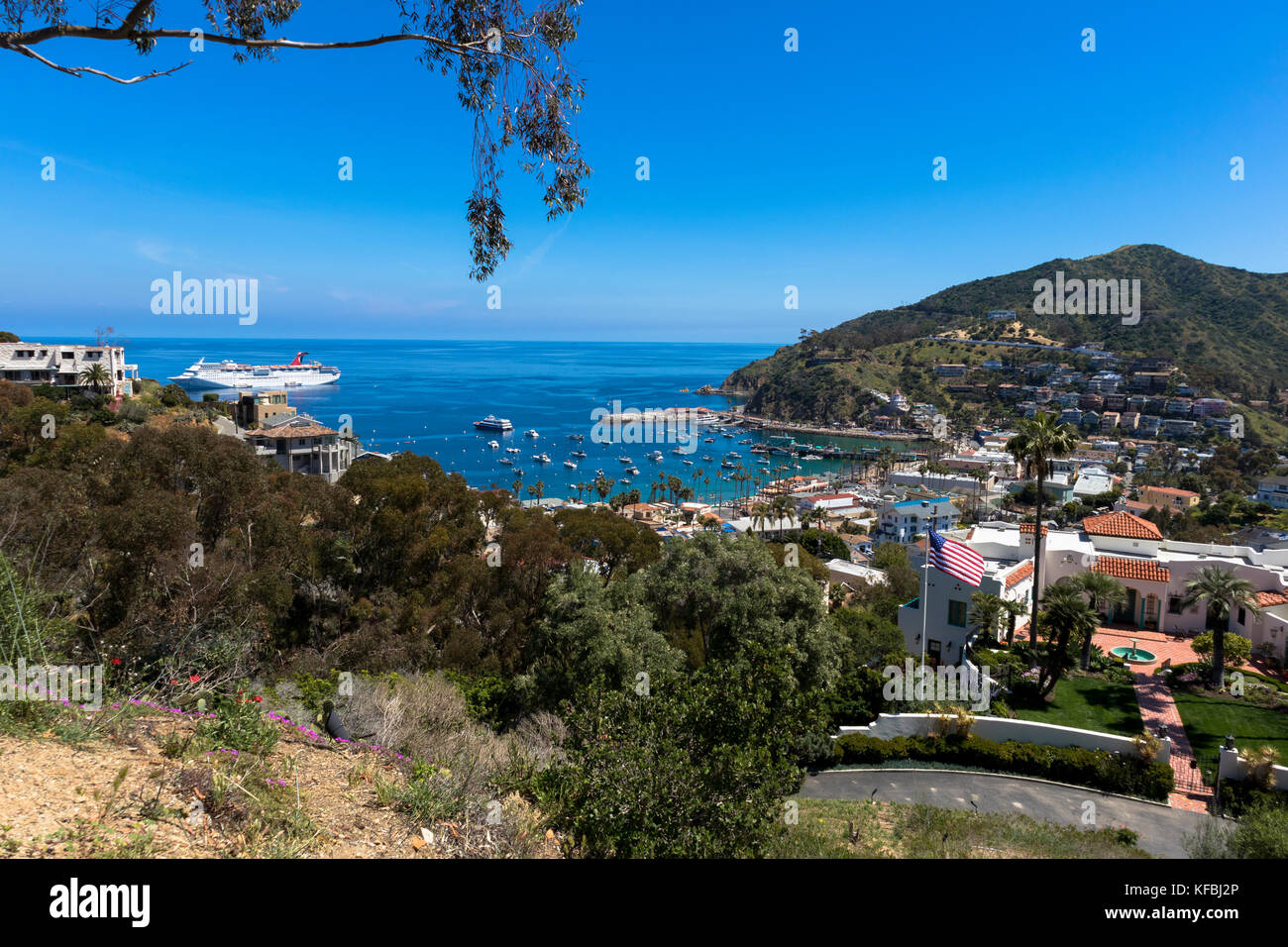 Blick auf die Boote im Avalon Bay verankert, und die Küste von Santa Catalina Island Kalifornien 2017 Stockfoto