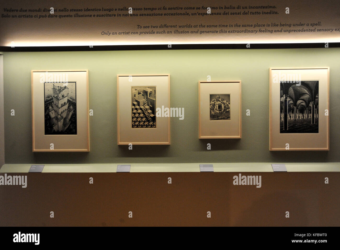 Pisa, Italien. 26 Okt, 2017. escher im Palazzo Blu 26/10/2017 - Pisa - Italien Chronik Kunst die Werke von Mauritius Cornelis Escher im Palazzo Blu ausgestellt zwischen 1917 und 1963 datiert sind, ursprünglich niederländischen nahmen an der Akademie von Haarlem. Seine mathematischen, prospektive arbeiten, und wenn wir wollen, auch Metaphysik, wird er die Besucher sogar an einem frühen Alter zu erobern. Auf dem Foto: ein escher Holzschnitt. Fotos robertocappa Fotojournalismus. Credit: unabhängige Fotoagentur/alamy leben Nachrichten Stockfoto