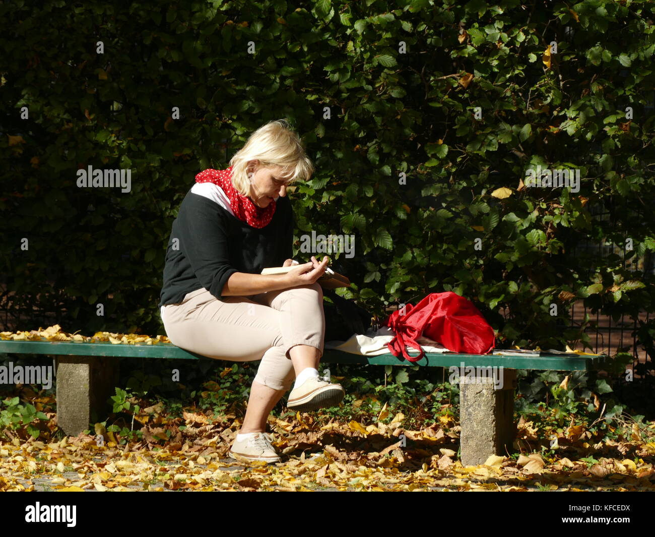Dame Frau genießen Lesen buch Zeitung sms in der warmen Sonne Deutschland Europa Stockfoto