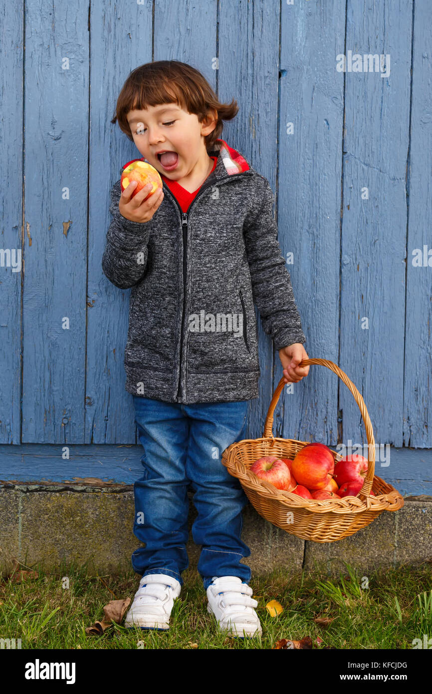 Kind essen Apfel Obst full body outdoor Herbst gesund im Freien Stockfoto