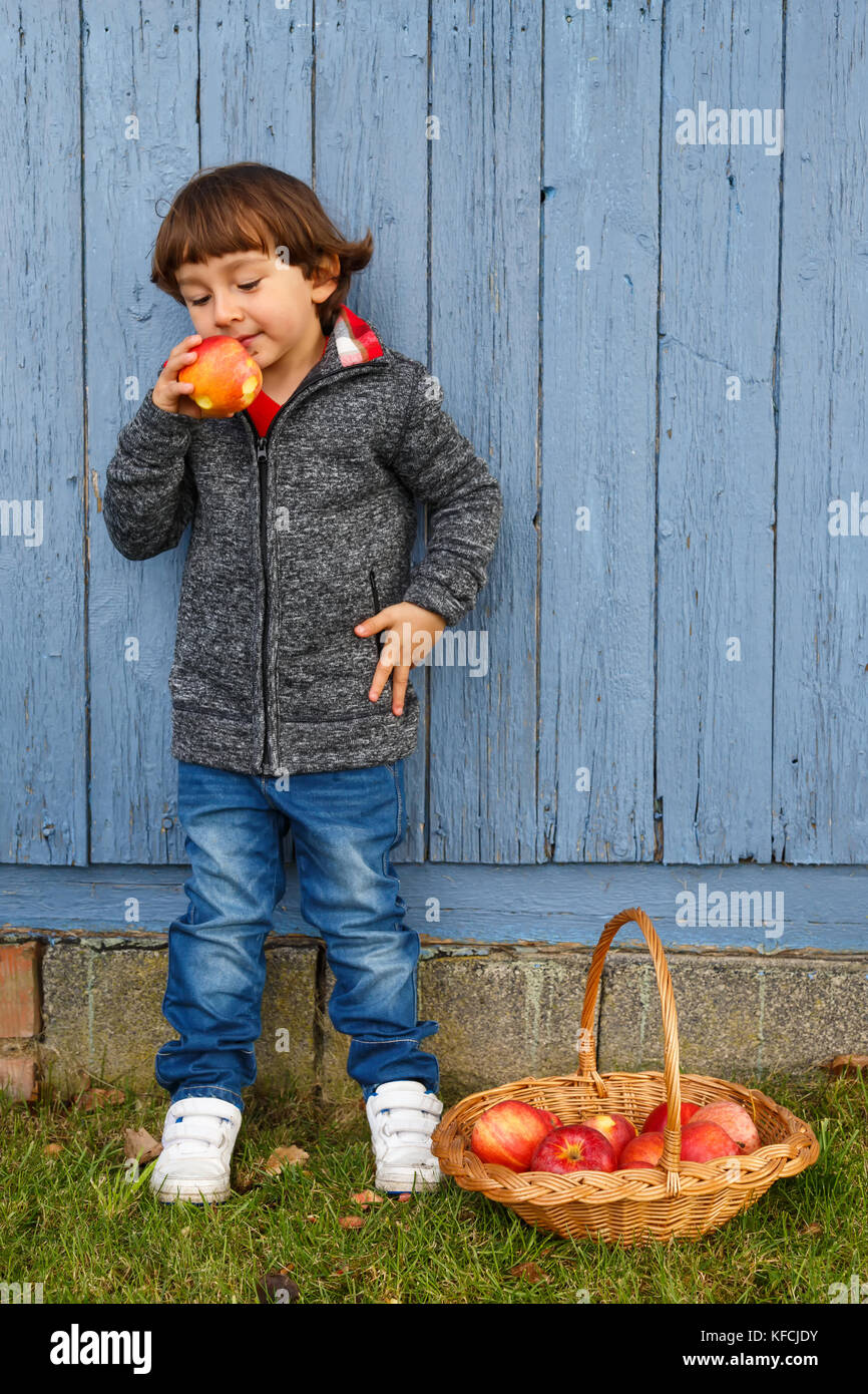 Kind Junge essen Apfel Obst full body Hochformat Herbst gesund im Freien Stockfoto