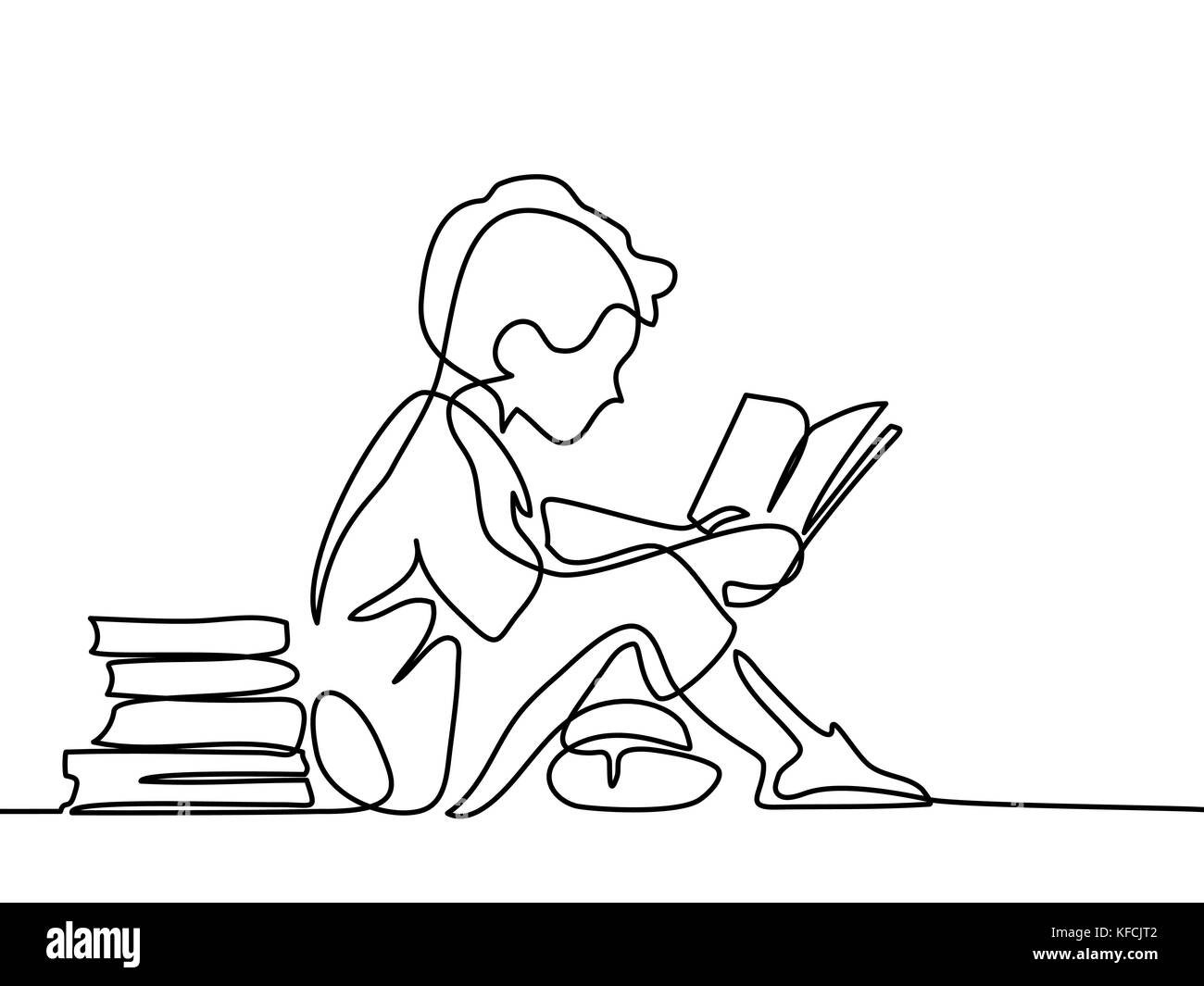 Junge studing mit Lesen Buch. zurück zu Schule Konzept. Kontinuierliche Strichzeichnung. Vector Illustration auf weißem Hintergrund Stock Vektor