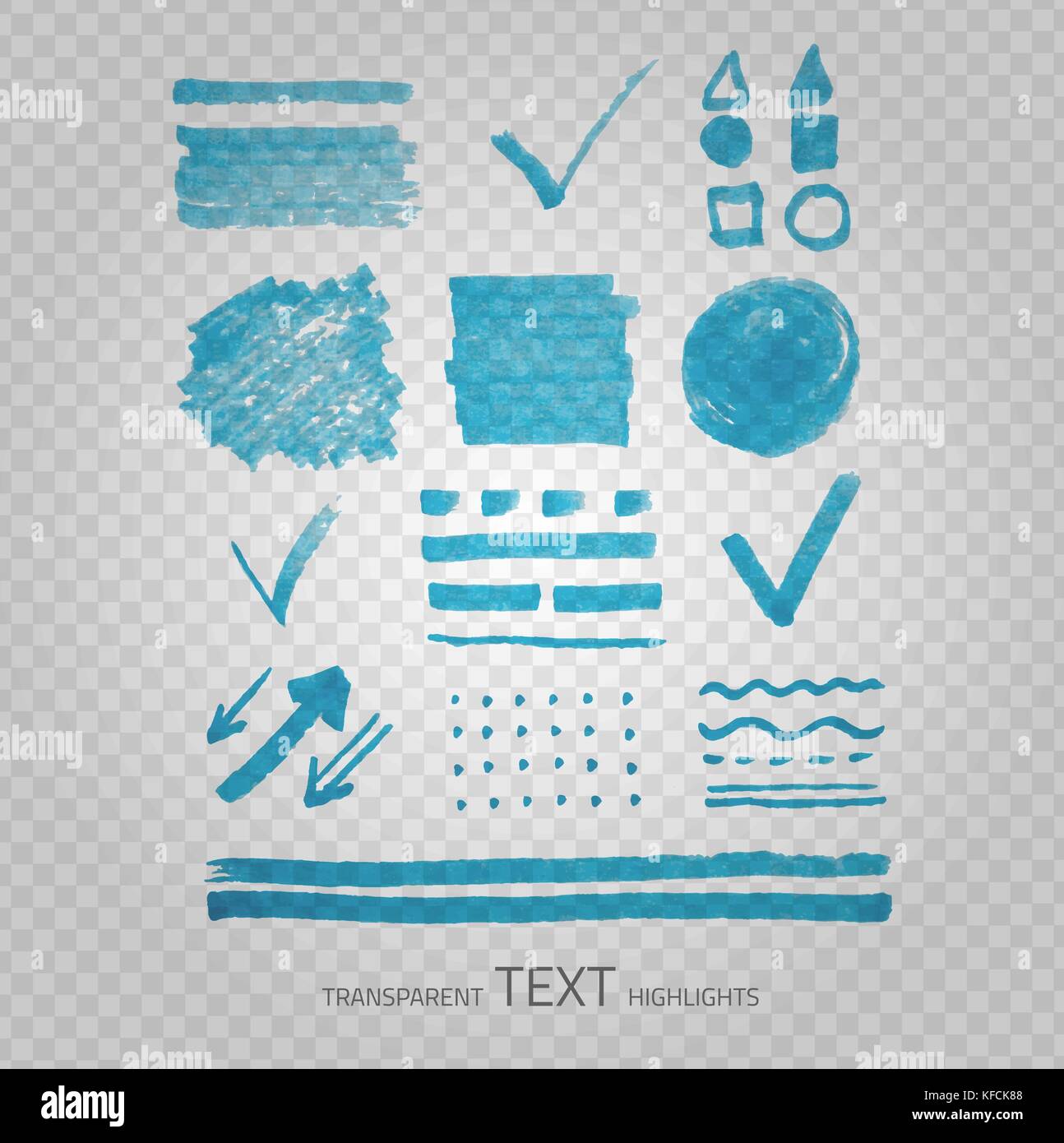 Vektor Sammlung von textmarker Marker Punkte und Zeichen, Hand gezeichnet dekorative Symbole, transparente Elemente auf graues Raster Stock Vektor