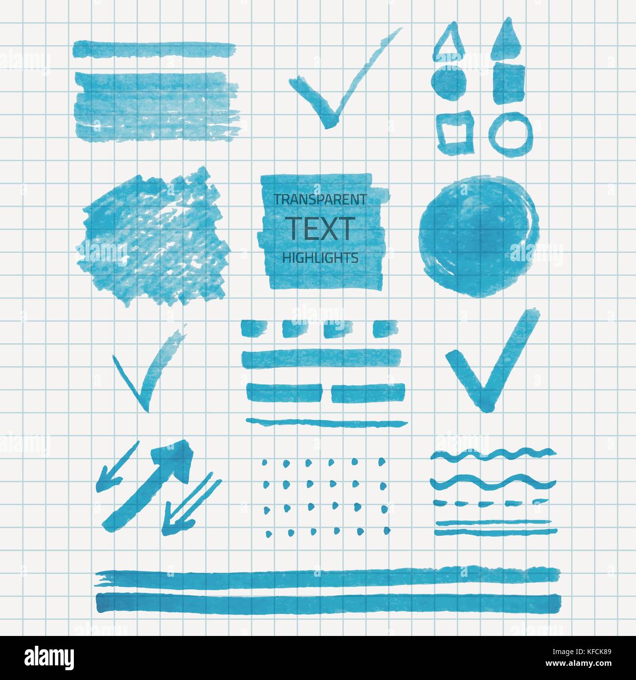 Vektor einrichten von transparenten Textmarker markiert, blaue Farbe auf der Schule überprüft Papier Stock Vektor