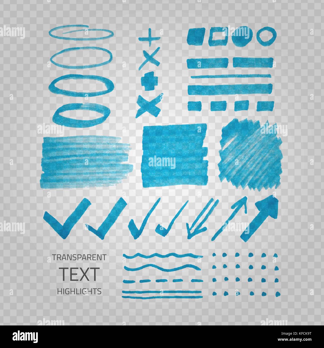 Vektor Sammlung von textmarker Marker Punkte und Zeichen, Hand gezeichnet dekorative Symbole, transparente Elemente auf demonstrative graues Raster Stock Vektor