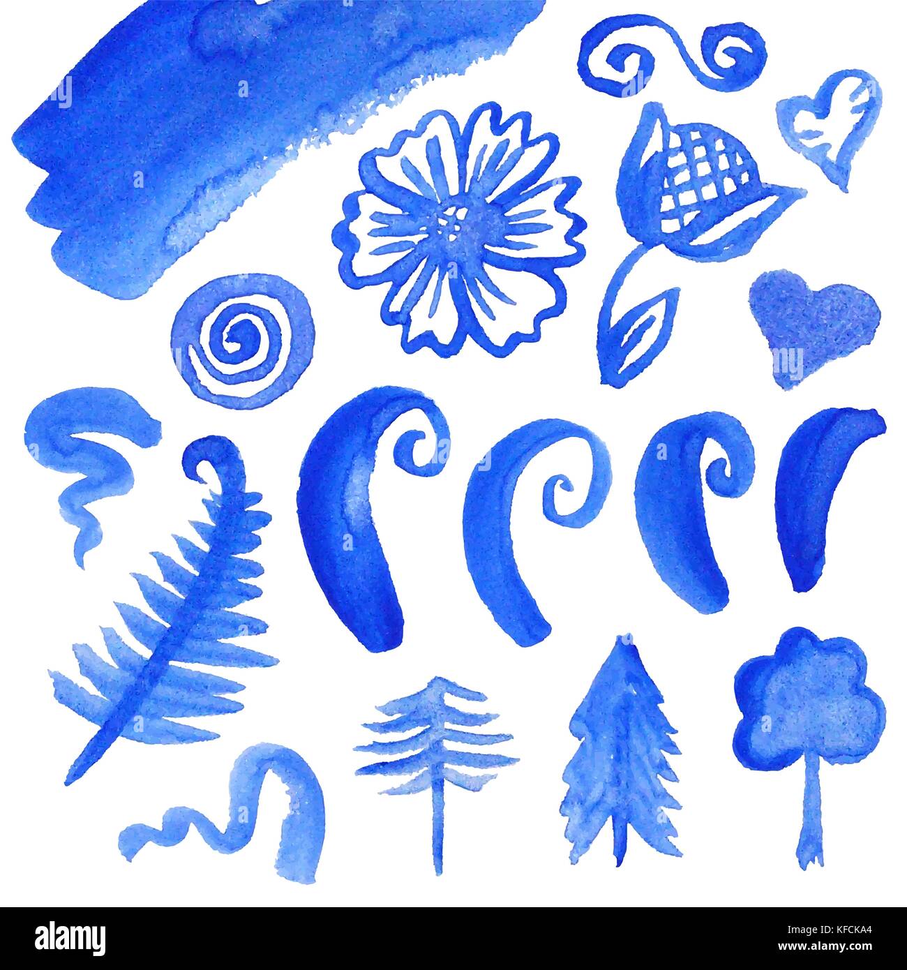 Vektor Sammlung von Aquarell Elemente für die Gestaltung und Dekoration, der blauen Farbe auf weißem Hintergrund Stock Vektor