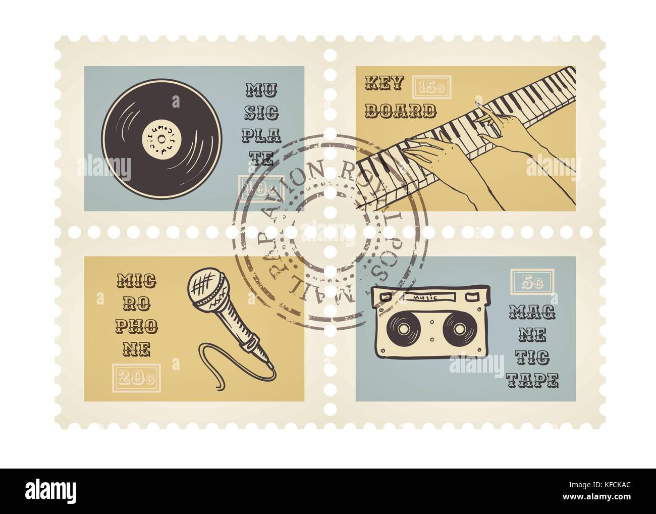 Vektor Briefmarken von retro Musik equipment Thema, Abgebrochen, dekorative für Scrapbooking - 4 getrennte Elemente einstellen Stock Vektor