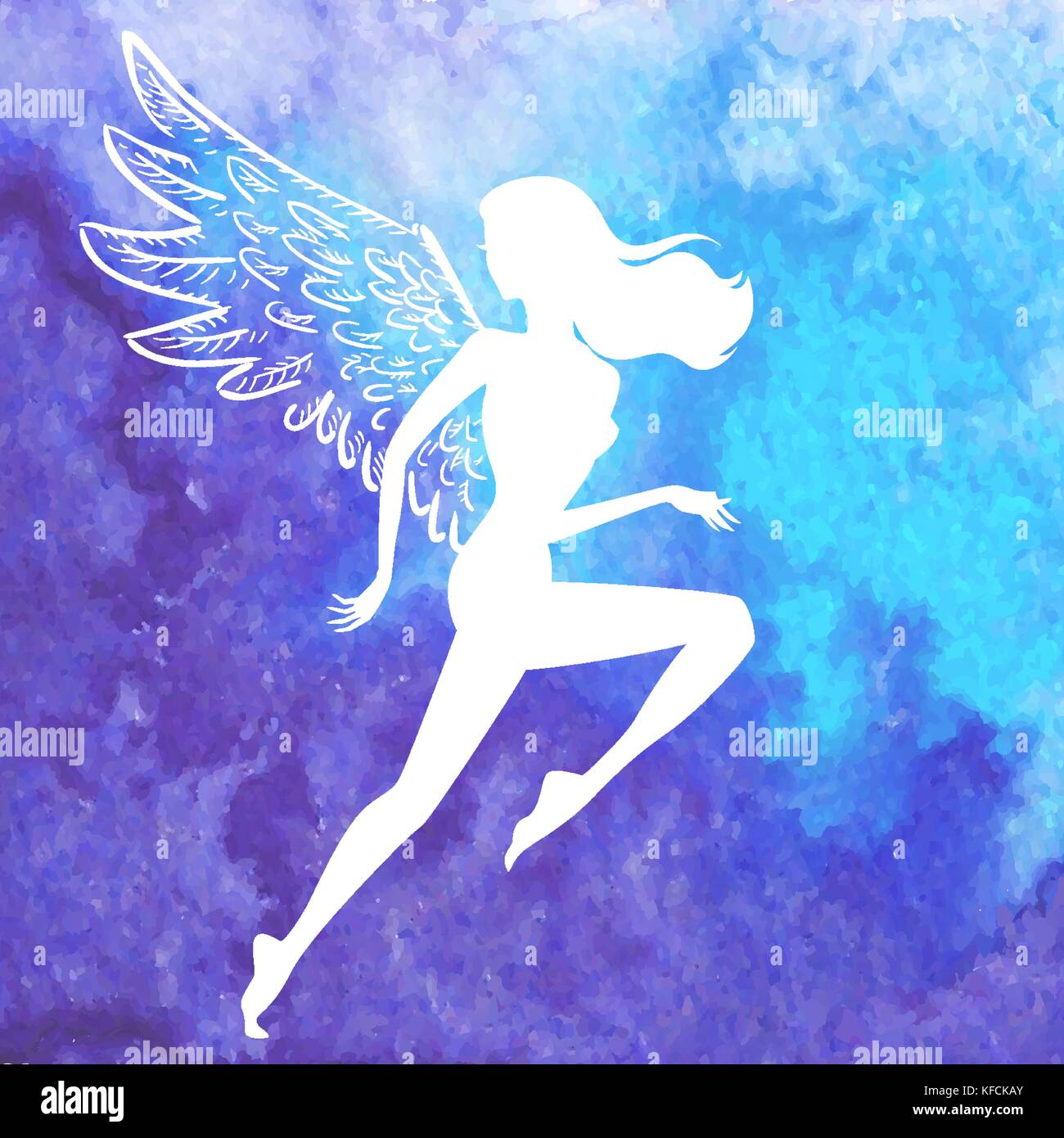 Vektor weiße Silhouette, Frau mit Angel Wings fliegen über Aquarell blau Hand gezeichnet Hintergrund Stock Vektor