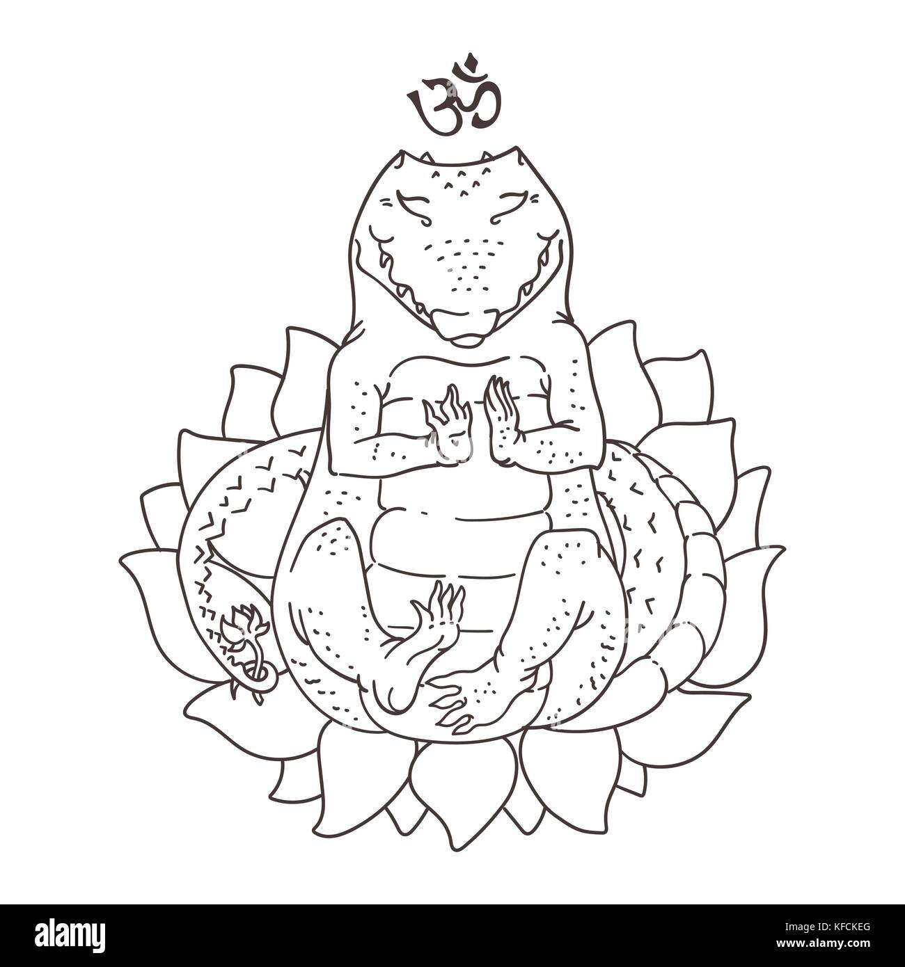 Vector Illustration von niedlichen Krokodil in yoga meditation sitzend darstellen, Malbuch Seite mit Tier sitzen in Lotus Blume, schwarzer Umriss zeichnen i Stock Vektor