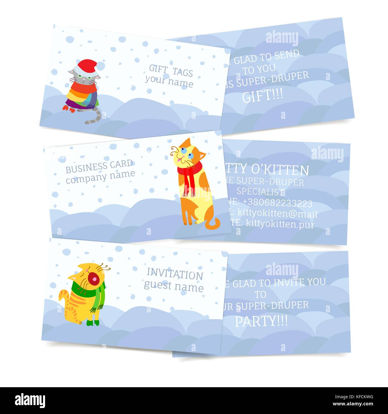Satz Winter saisonale Thema Visitenkarten. Einladungen oder geschenkanhänger mit Schneefall, Katzen und Schneeverwehungen - Vorder- und Rückseite auf Weiß isoliert Stock Vektor