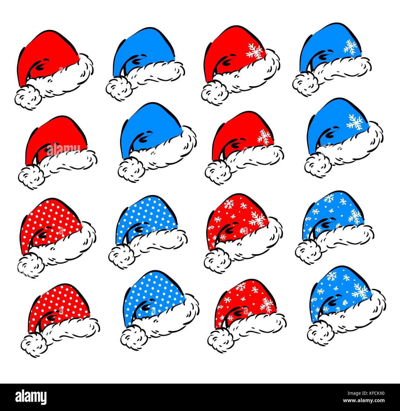Der Vektor dekorative Elemente für Weihnachten und Neujahr Urlaub - Rot und Blau santa Hüte in 2 verschiedene Winkel und 4 Dekoration Stile. Stock Vektor