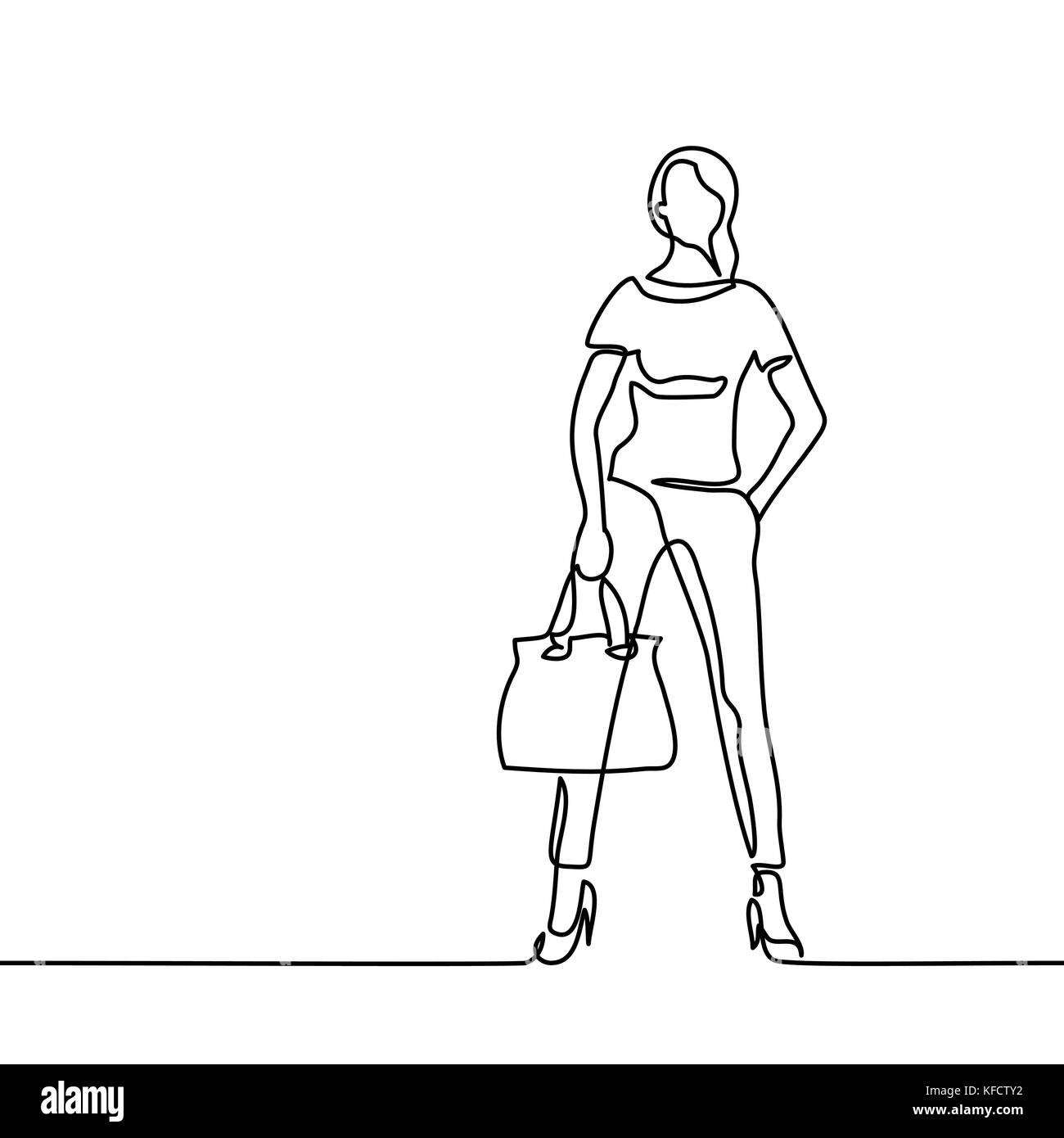 Mode stehende Frau mit Tasche. Durchgehende Linie zeichnen. Vector Illustration Stock Vektor