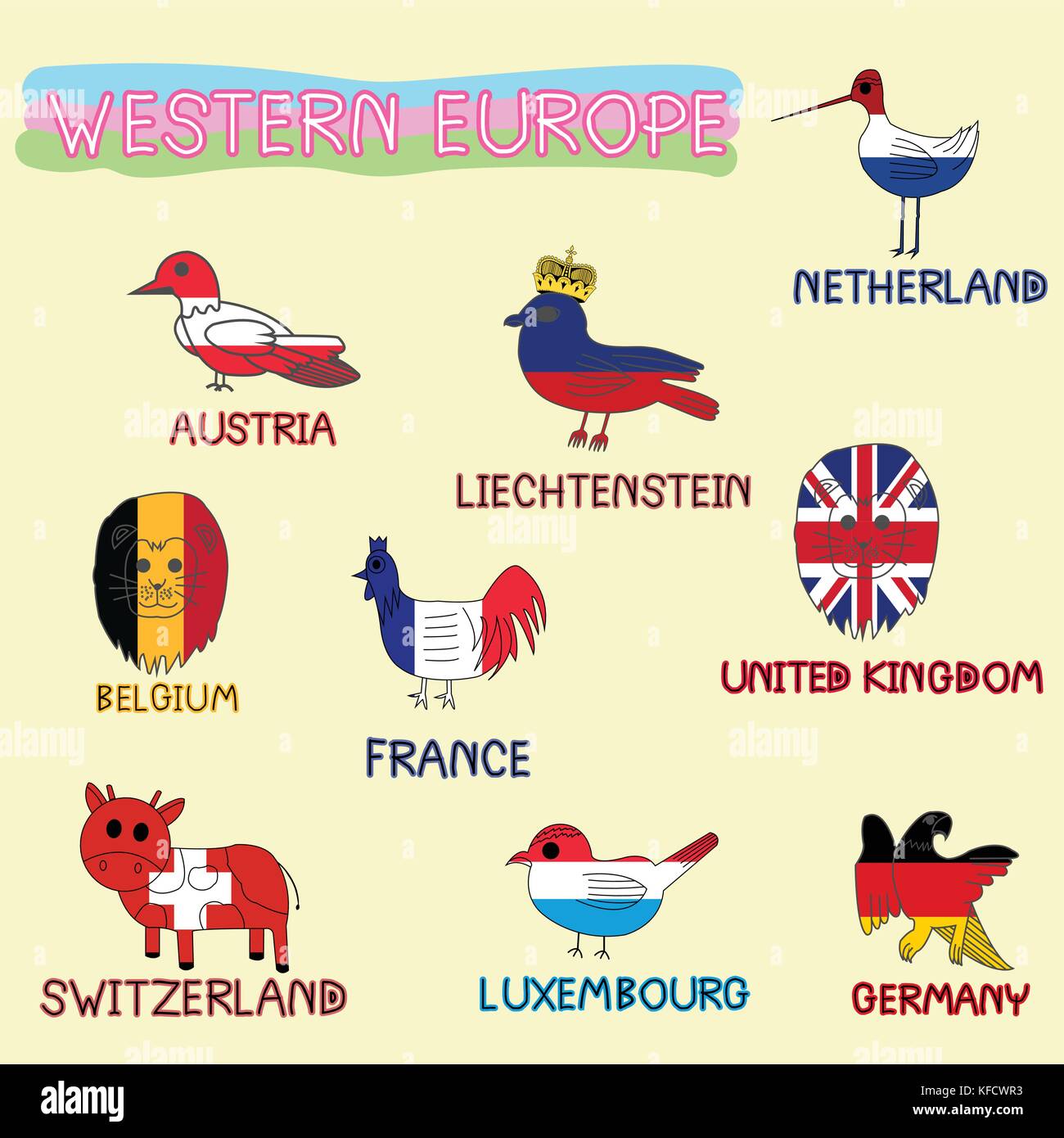 Westeuropa nationalen Tiere Symbol imitieren Farbe Land Flagge Stock Vektor