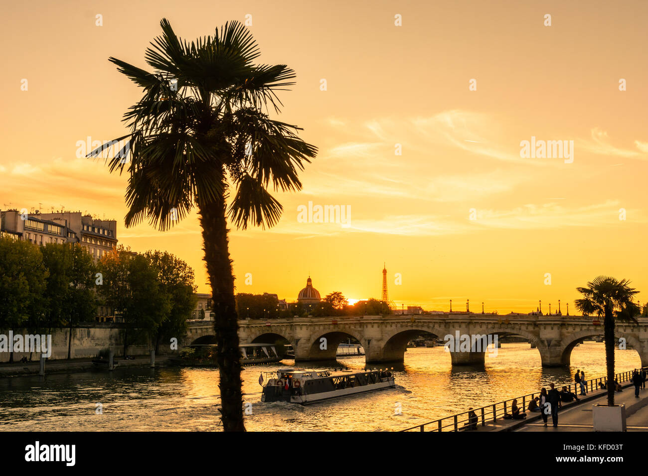 Sonnenuntergang auf Paris mit einer Palme im Vordergrund, Menschen flanieren am Kai der Fluss Seine, während ein Ausflugsboot fährt vorbei, die "Pont Neuf Stockfoto