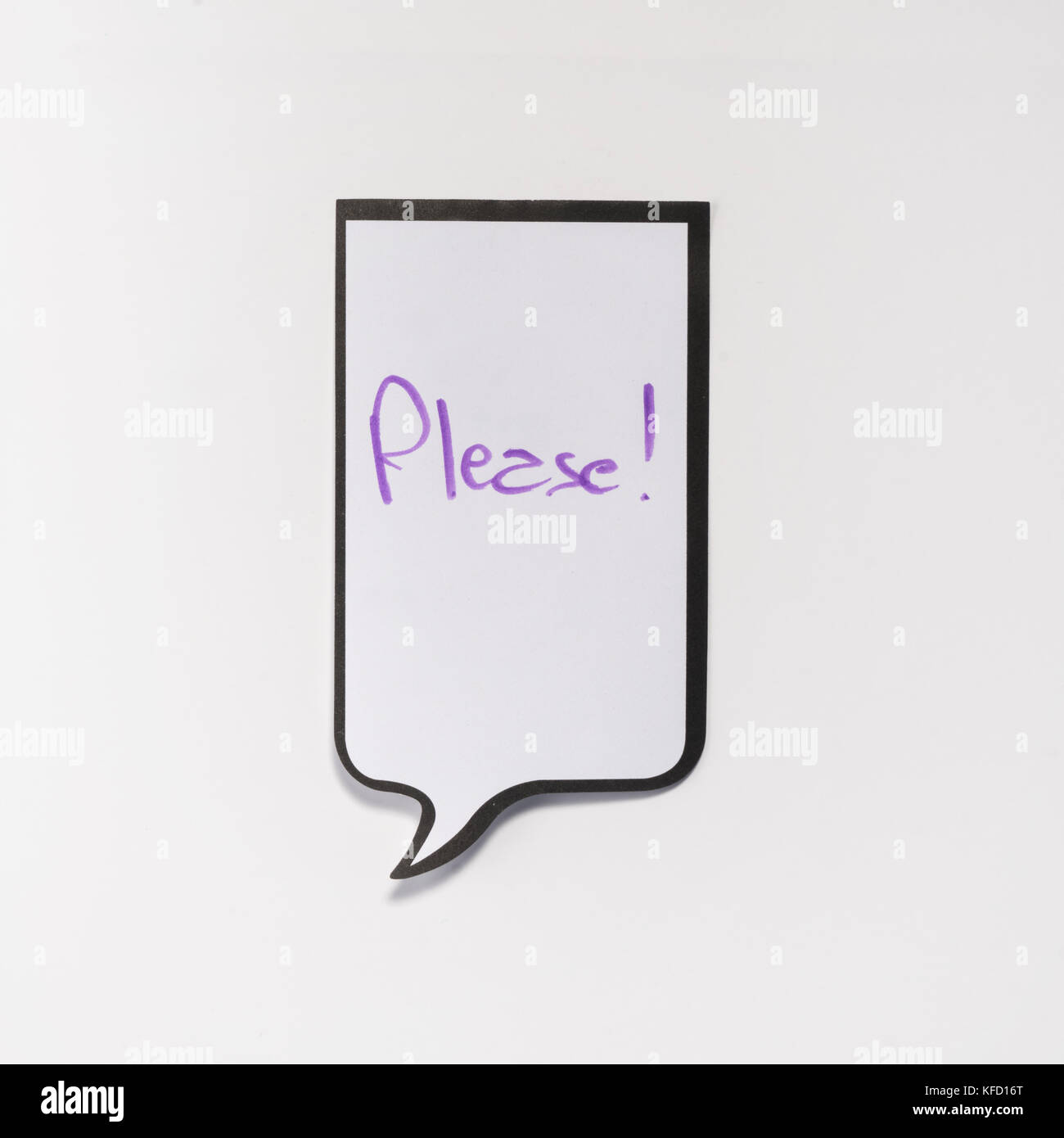 Eine weiße Memo Pad mit der Form eines Comics mit der Aufschrift "bitte" Stockfoto