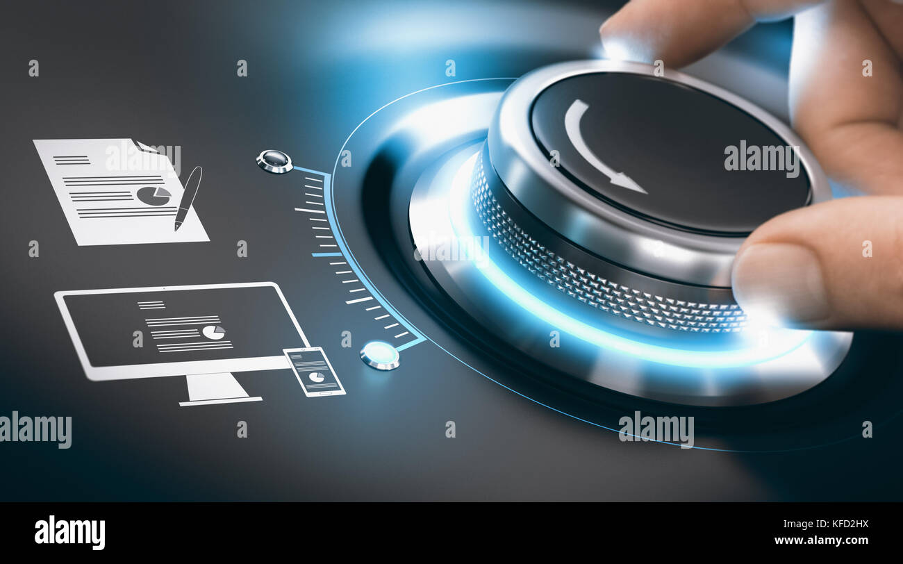 Drehen Sie einen Digitalisierungsknopf von Hand, um den Prozess der digitalen Tansformation von Informationen abzuschließen. Konzept der Digitalisierung analoger Daten über Schwarz Stockfoto