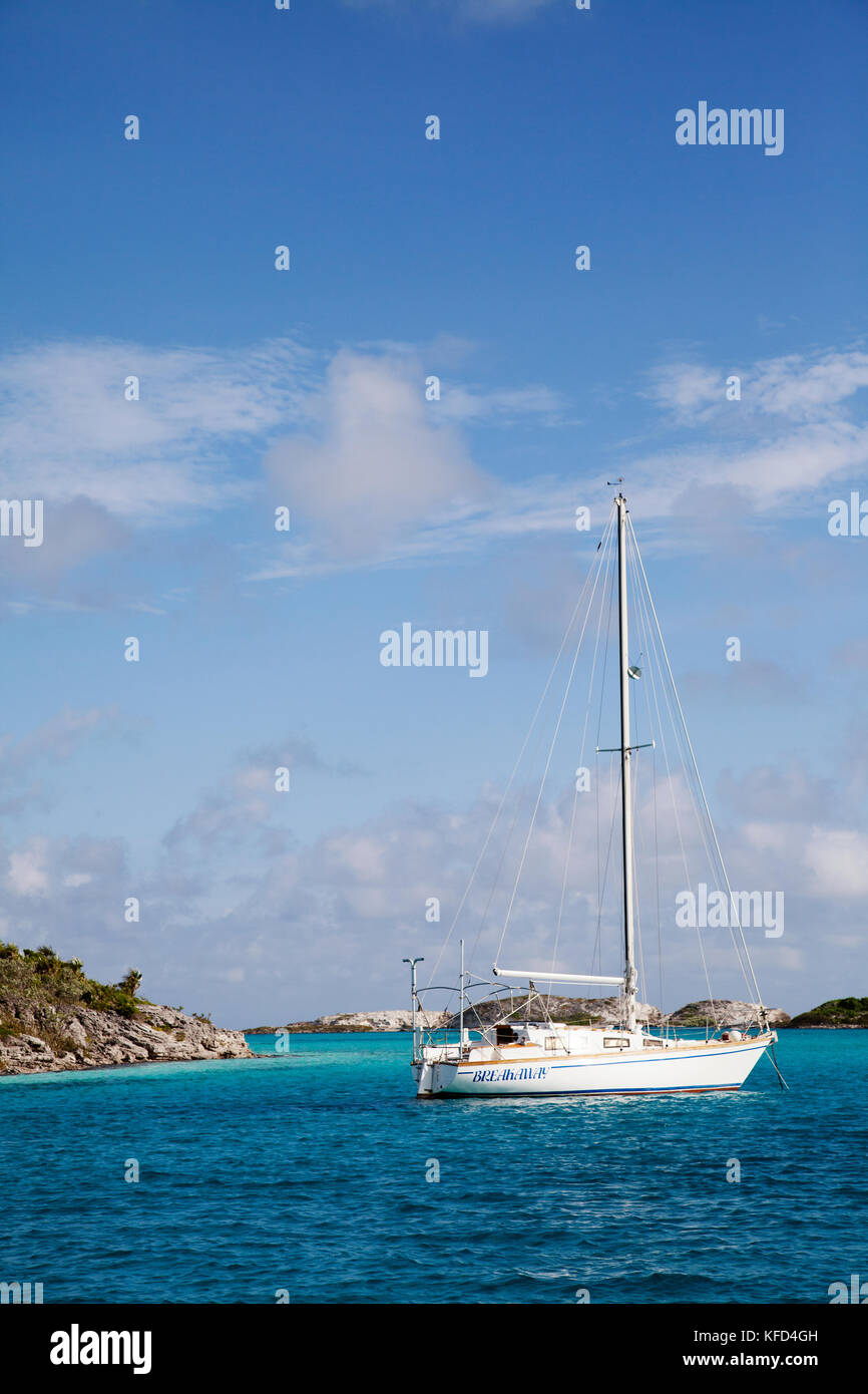 EXUMA, Bahamas. Segeln und Bootfahren um Fowl Cay. Stockfoto