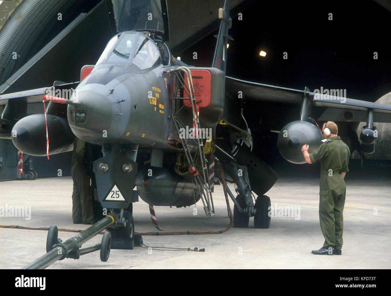 Royal Air Force Strike Aircraft Jaguar in seinem gepanzerten Schutz in der Air Force Base von Bruggen in Deutschland (1998) Stockfoto