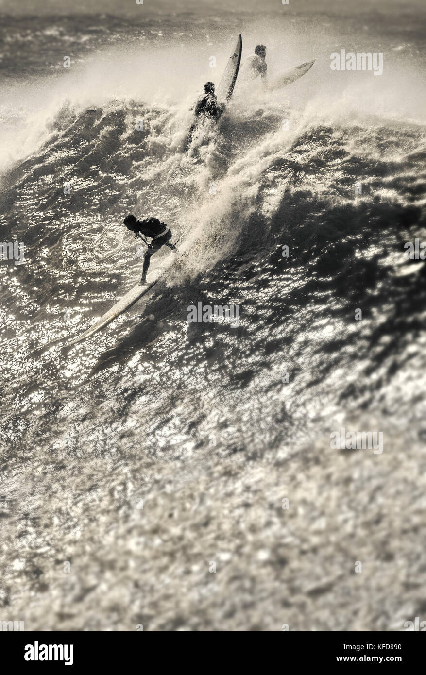 HAWAII, Oahu, North Shore, Eddie Aikau, 2016, Surfer in der Eddie Aikau 2016 Big Wave surfen Wettbewerb konkurrieren, Waimea Bay Stockfoto