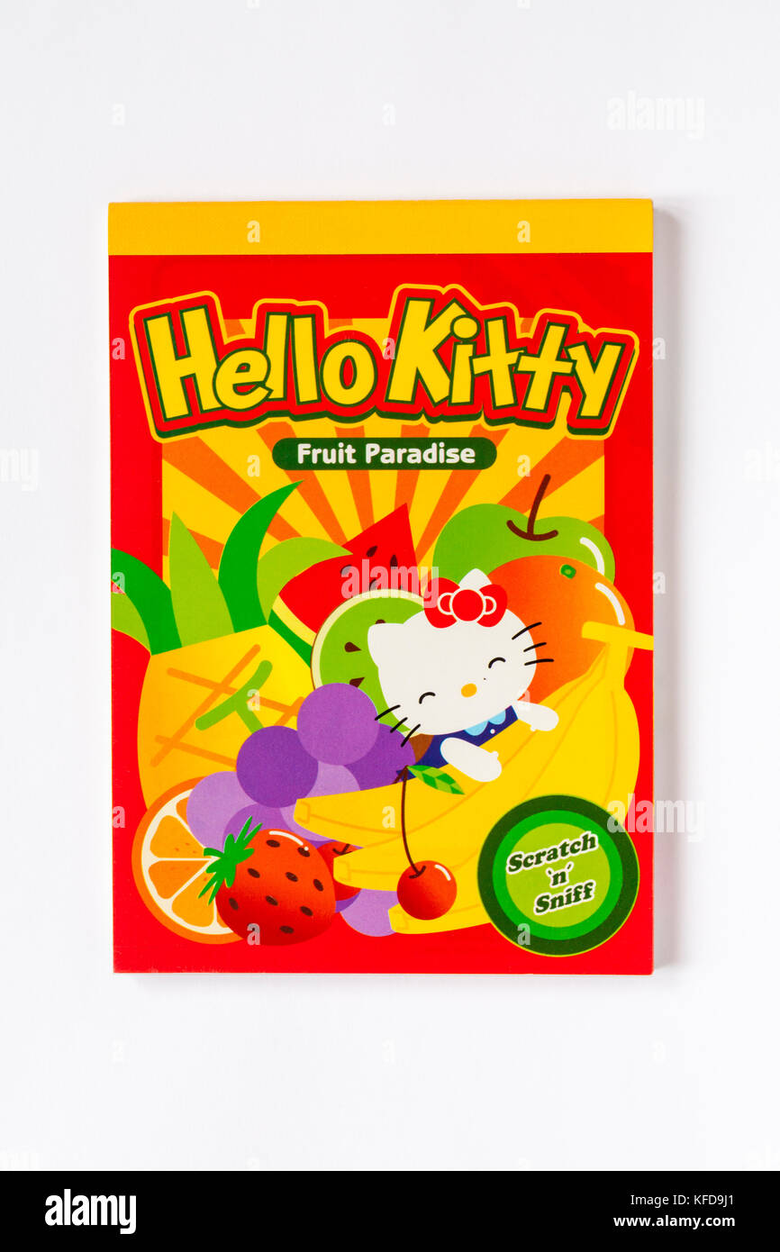 Hello Kitty Obst Paradise scratch n Ananas Duft notepad auf weißem Hintergrund sniff Stockfoto