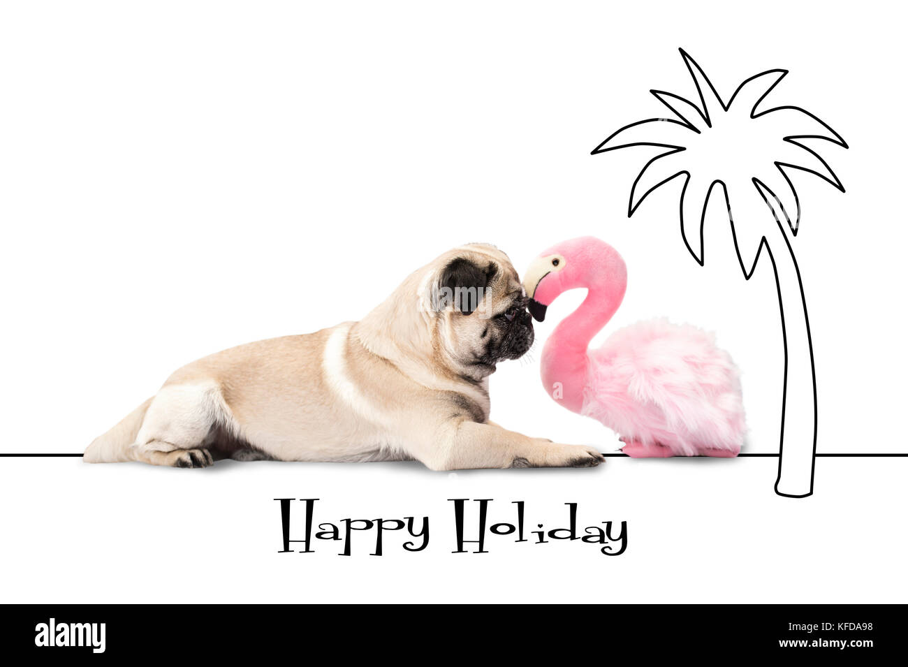 Happy Holliday - mops Hund und Flamingo liegen unter einer Palme Stockfoto
