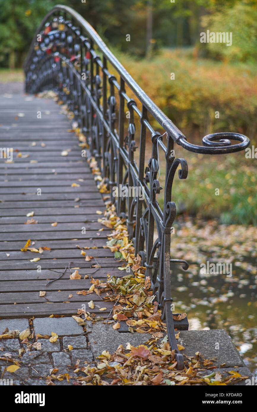 Dekorative Bügeleisen Geländer auf der Brücke auf der Bunte Herbst Hintergrund Wroclaw Park Szczytnicki Niederschlesien Polen Stockfoto
