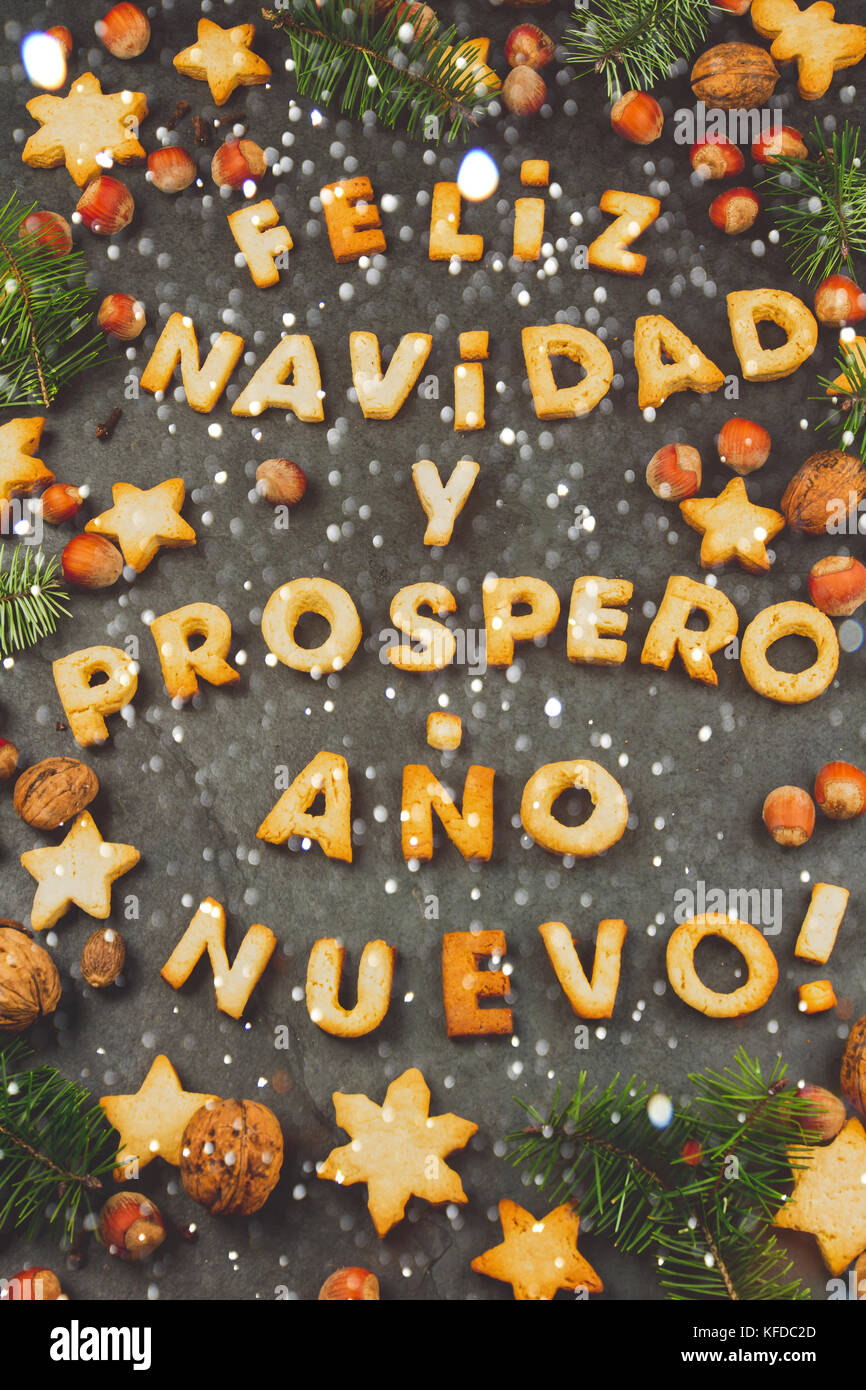 FELIZ NAVIDAD COOKIES. Wörter Text frohe Weihnachten und ein glückliches Neues Jahr en Spanisch mit gebackenen Plätzchen, Weihnachtsschmuck und Muttern auf schwarzem Schiefer hinterg Stockfoto