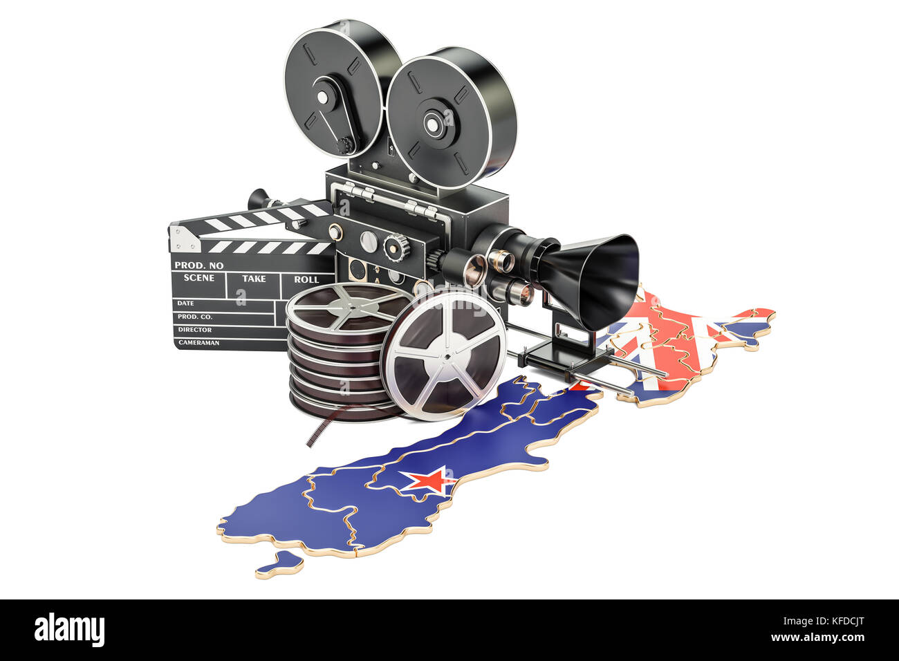 Neuseeland Kinematographie, Filmindustrie Konzept. 3D-Rendering auf weißem Hintergrund Stockfoto