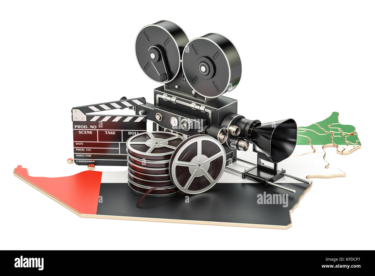 UAE Kinematographie, Filmindustrie Konzept. 3D-Rendering auf weißem Hintergrund Stockfoto